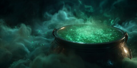 Steaming witch's cauldron filled with bubbling green potion amidst mystical fog, concept for Halloween celebration, magical fantasy illustration and spooky themed backgrounds