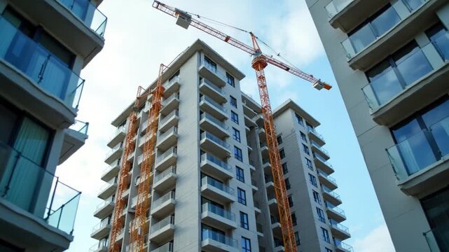 Beautiful view opening of a modern building being built in a new residential complex. High-rise house apartment in the city. Motion camera bottom top Vertical