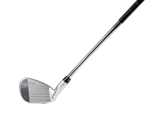 Golf club, metal head, chrome shaft, angled view