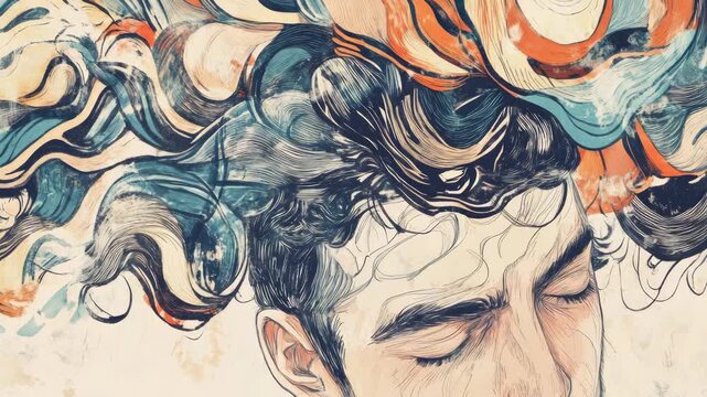 This portrays a man's thought process as a vibrant, colorful mix of artistic elements. It represents the creative and mental power involved in abstract thinking and idea generation.