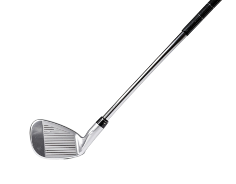 Golf club, metal head, chrome shaft, angled view