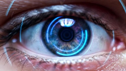 Futuristic blue cyber eye closeup with glowing digital interface 
 - Powered by Adobe