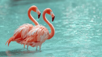 Two Pink Flamingos Standing in Calm Blue Water Under Soft Lighting