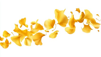 Naklejka premium Golden petals gracefully float and swirl, creating a vibrant, flowing design against a stark white background