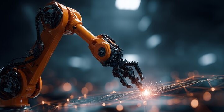 Orange robotic arm precisely welding with sparks and network connection in a dark industrial environment, concept for manufacturing process, automated production and technology innovation