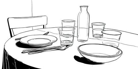 Black Outline Drawing of Dining Table Setup on Transparent Background