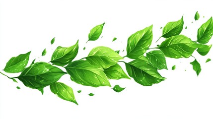 Vibrant green leaves branch, gracefully curving, with some leaves appearing to float in mid-air, suggesting movement and freshness