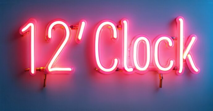 Bright neon sign displays 12 Clock. Pink glow contrasts dark background. Modern art installation, simple design, vibrant colors.