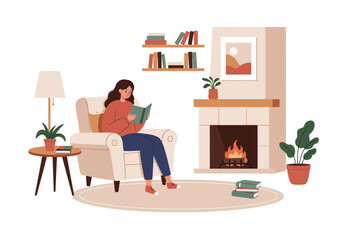 Woman Reading a Book in a Cozy Living Room with Fireplace