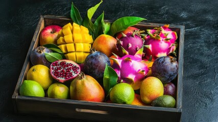 A box of bright, tropical fruit with exotic flavors, perfect for a healthy snack.