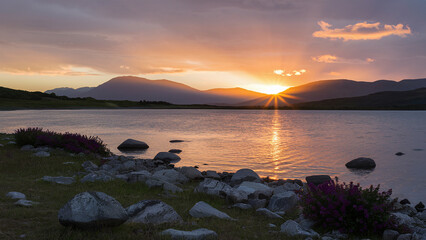 Fototapeta premium Serene lake sunset majestic mountains glowing sky reflection peaceful nature landscape
