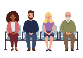 Diverse Group of People Sitting in Waiting Room Chairs with Anxious Expressions