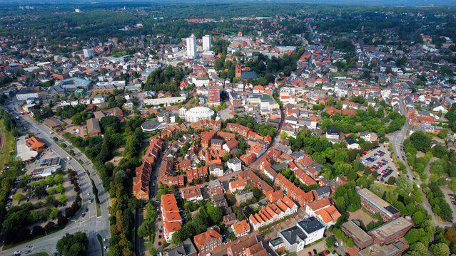 Aerial panorama of the downtown of the city Itzehoe in Germany on a sunny summer day.
