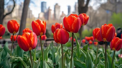Naklejka premium Red Orange Tulips in New York City Park, Spring Blooming Flowers with Blurred Buildings Background, Close-up View 