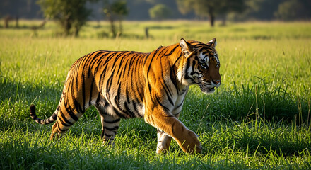 Majestic Tiger Walking Through Golden Grassy Field in Morning Sunlight