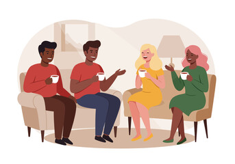 Group of Friends Enjoying Coffee and Conversation in a Cozy Living Room Setting