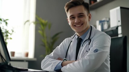 A young man wearing a white coat, signifying he is a doctor. He is sitting at his desk with a smile on his face, suggesting care and professionalism in the healthcare field.