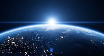 Sunrise over earths glowing atmosphere in cosmic expanse with distant stars and nebula