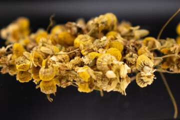 Dried chamomile flowers with yellow centers and pale petals on a dark surface, symbolizing herbal tea, relaxation, natural remedies, and soothing wellness benefits.