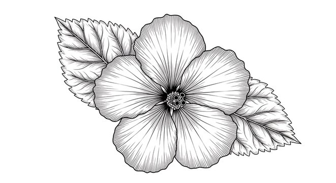 Detailed black and white sketch of a blooming hibiscus flower with two leaves in a classic style - Powered by Adobe