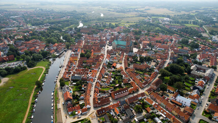 Aerial panorama of the downtown of the city Ribe in Denmark on a sunny summer day.