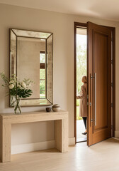 Elegant entryway with stone console and large mirror
