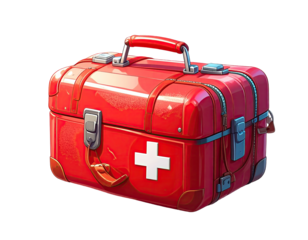 Red medical kit, box-like shape, with a white plus symbol