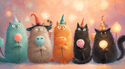 Elegant Kawaii Halloween Cats & Dogs Illustration Pack – Adorable Cats and Dogs in Witch, Vampire, Pumpkin, Ghost, and Bat Costumes, Soft Pastel Halloween Backgrounds, Cozy Magical Glow, Stylish and F