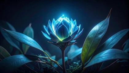Papier peint photo Chambre de fille A single radiant blue lotus flower glowing with ethereal light in a mystical, dark enchanted garden at night, symbolizing tranquility and magic  © Muhammad