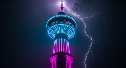 A futuristic tower illuminated with vibrant blue and pink neon lights during a dramatic thunderstorm.