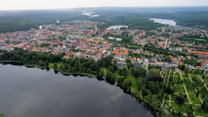 Aerial panorama of the downtown of the city Silkeborg in Denmark on a sunny summer day.