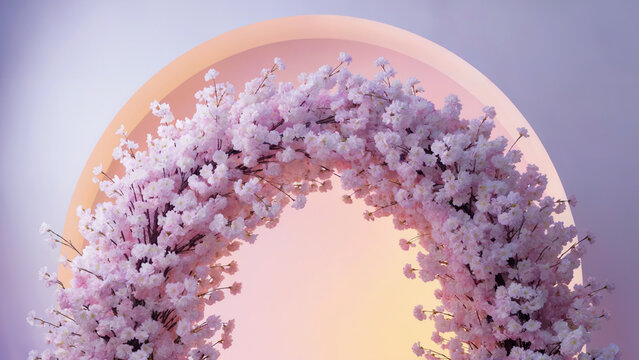 Pink florals form arch, soft lighting. Sakura blossom backdrop creates wedding photography, beauty branding, and springtime poster designs.