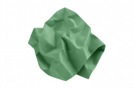 Crumpled green paper creating abstract texture, wrinkled surface casting shadows on transparent backdrop