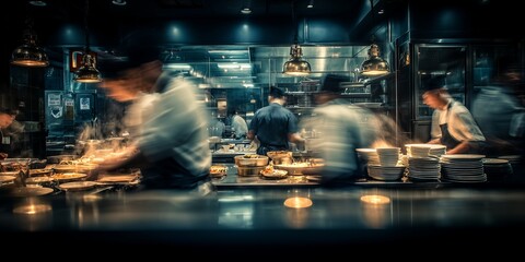 Busy commercial kitchen with blurred motion of chefs preparing dishes under warm lighting, concept for restaurant ambience, culinary expertise and hospitality industry