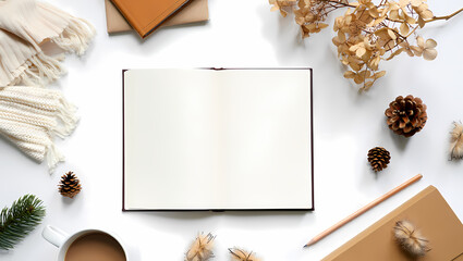 Cozy winter flat lay with open notebook isolated on white background, surrounded by warm scarf, pine cones, and coffee cup