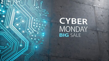 Cyber monday big sale announcement with glowing blue circuit board pattern on dark background