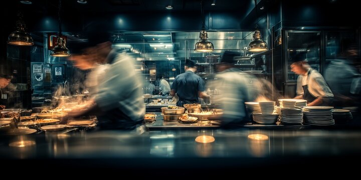 Busy commercial kitchen with blurred motion of chefs preparing dishes under warm lighting, concept for restaurant ambience, culinary expertise and hospitality industry