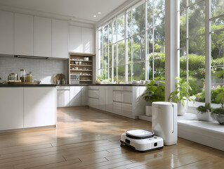 White Robotic Vacuum Cleaner in Bright Airy Kitchen Interior