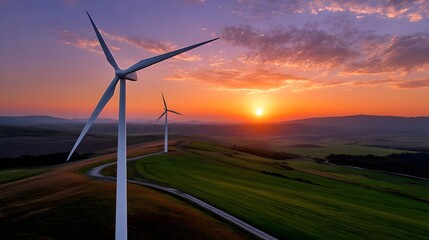 Obraz premium Majestic wind turbines towering over a picturesque countryside landscape, silhouetted against a vibrant sunset sky