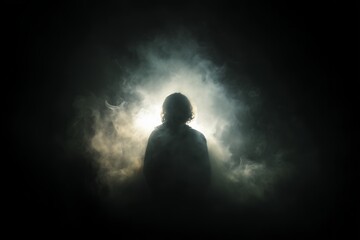 Obraz premium Silhouette of a figure emerges from the darkness surrounded by ethereal smoke and light, concept for mystery storytelling, paranormal investigation and psychological thriller