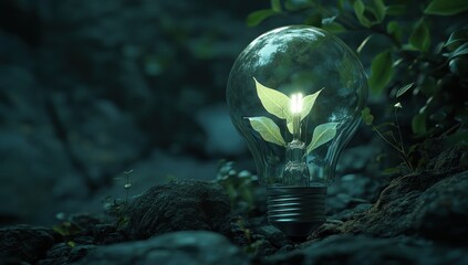 Illuminated lightbulb with growing plant inside, set against a dark, rocky environment