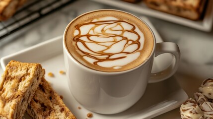 Latte with caramel swirl art, served with biscotti and chocolate on a white tray