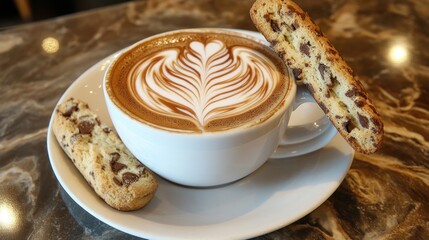 Latte with intricate foam art, chocolate biscotti on marble table