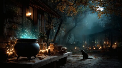 Halloween witch brewing potion, glowing cauldron, spell books, black cat, flying broomstick, haunted forest background, magical witch fantasy art, spooky halloween witch scene, glowing potion 