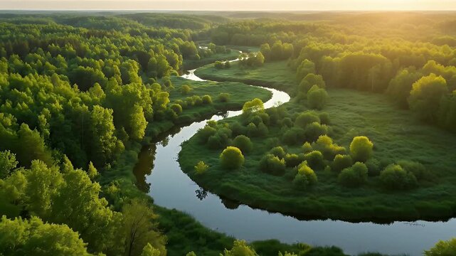 An aerial view of a winding river snaking through a lush green forest during a serene golden hour sunset.