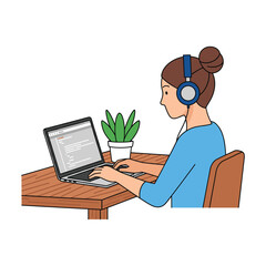 Woman in Headphones Coding on Laptop, Modern Flat Style Illustration