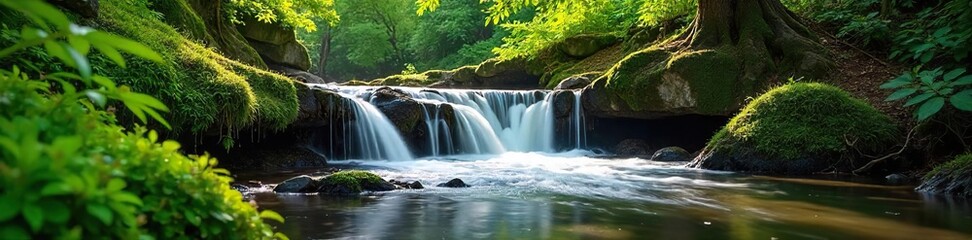 Fototapeta premium Serene springtime waterfall cascading over mossy rocks, sunlight dappling the lush green foliage Perfect for nature, travel, and serenity themes , travel, beauty
