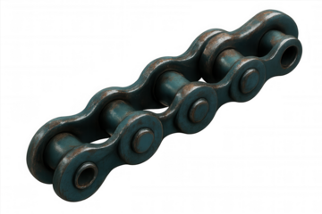 Rusty metal chain linking industrial surfaces, showcasing textured metallic strength against transparent backdrop