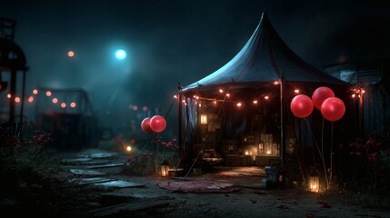 Halloween scary clown, haunted circus tent, glowing red eyes, spooky carnival night, scary clown horror artwork, haunted circus halloween scene, spooky clown glowing tent illustration, halloween 