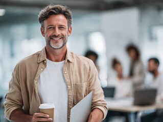 Smiling mature businessman holding coffee and laptop in office environment with diverse colleagues, concept for business presentation, corporate communication and modern leadership